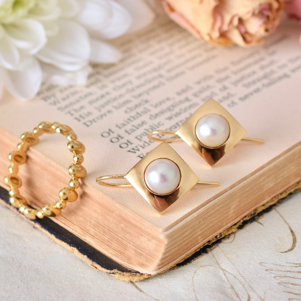Modern 18ct Yellow Gold Pearl Earrings