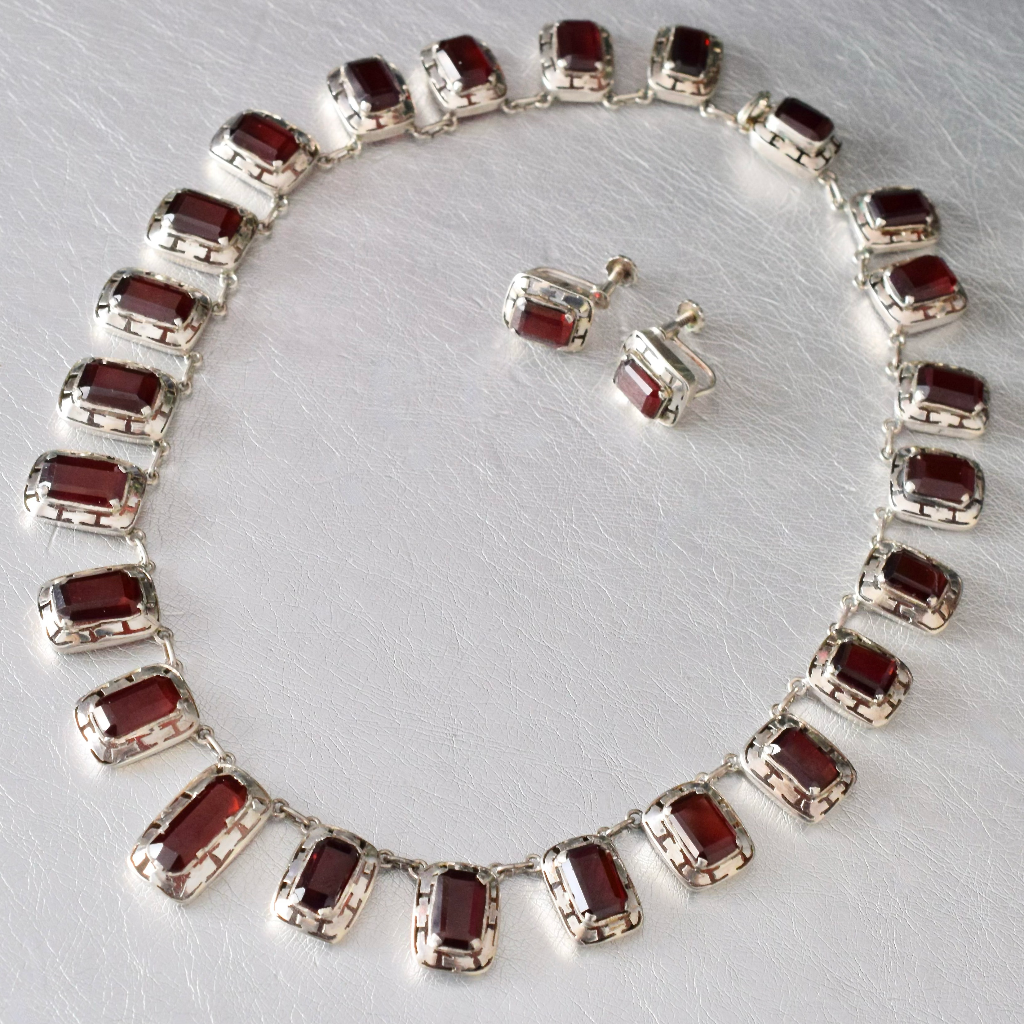 Vintage Sterling Silver And Garnet Necklace And Earrings Germany Circa 1960’s