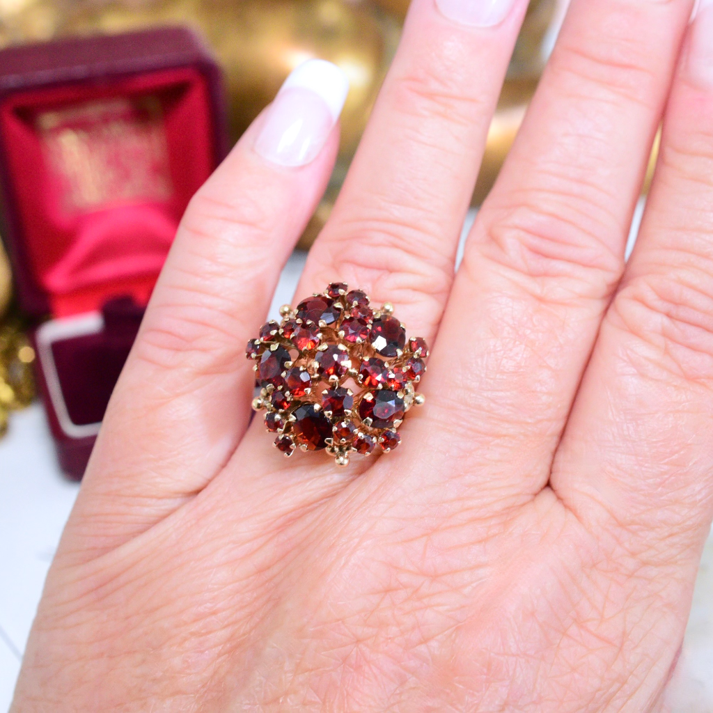 Vintage 14ct Yellow Gold And Garnet Flower Cluster Ring