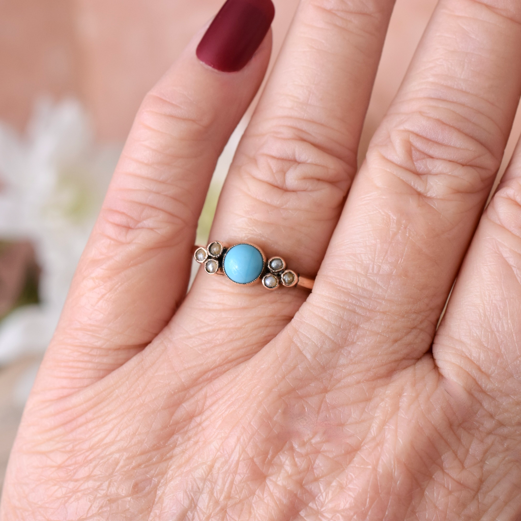 Antique Edwardian Era 9ct Rose Gold Turquoise And Seed Pearl Ring