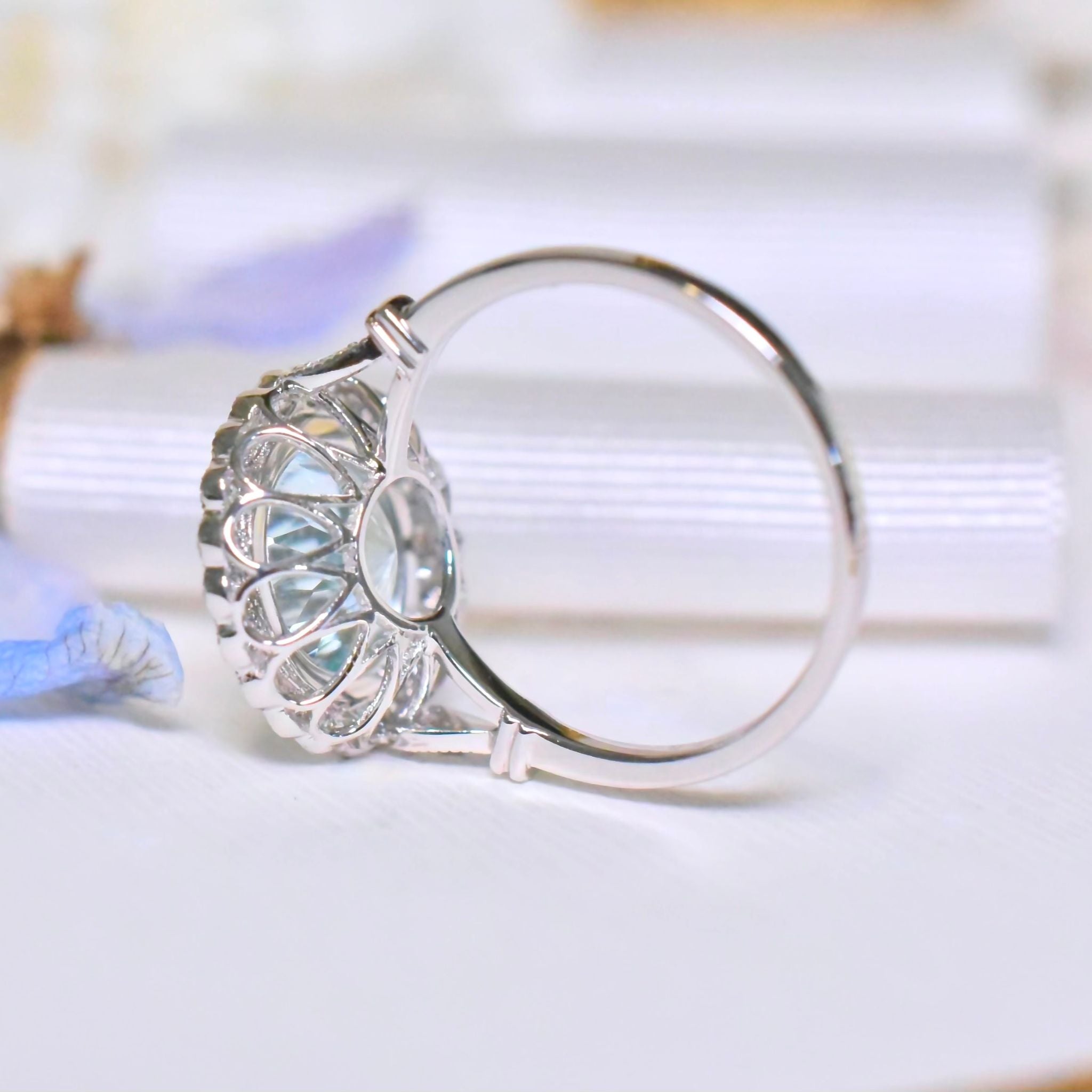 Modern 14ct White Gold Aquamarine And Diamond Daisy Halo Cluster