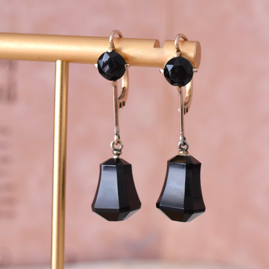 Art Deco/Retro Era 9ct Rose Gold And Onyx Dangle Earrings