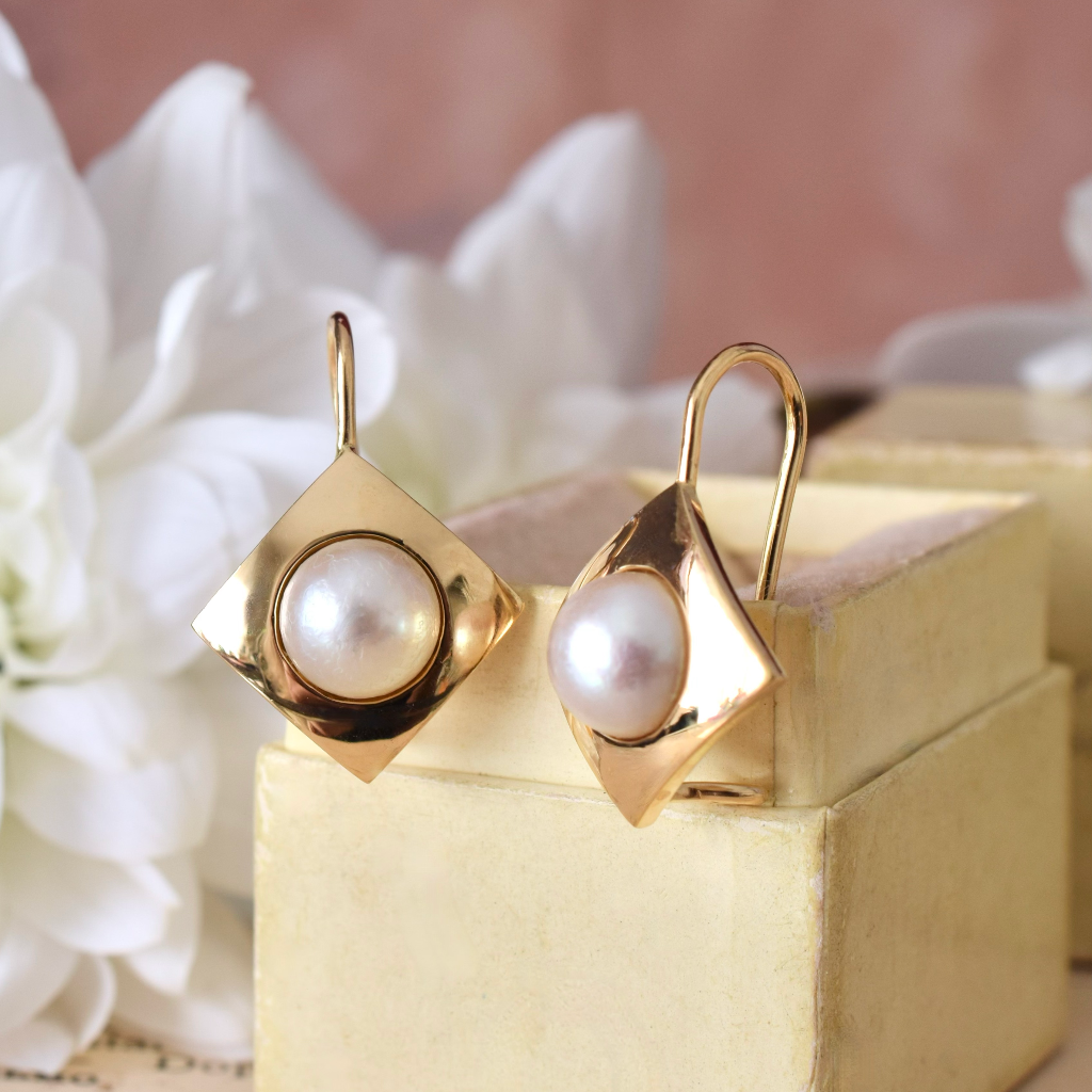 Modern 18ct Yellow Gold Pearl Earrings