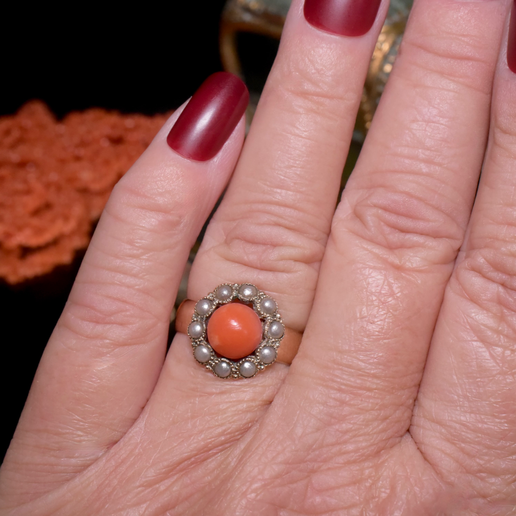 Antique/Vintage 9ct Yellow Gold Coral And Faux Seed Pearl Ring
