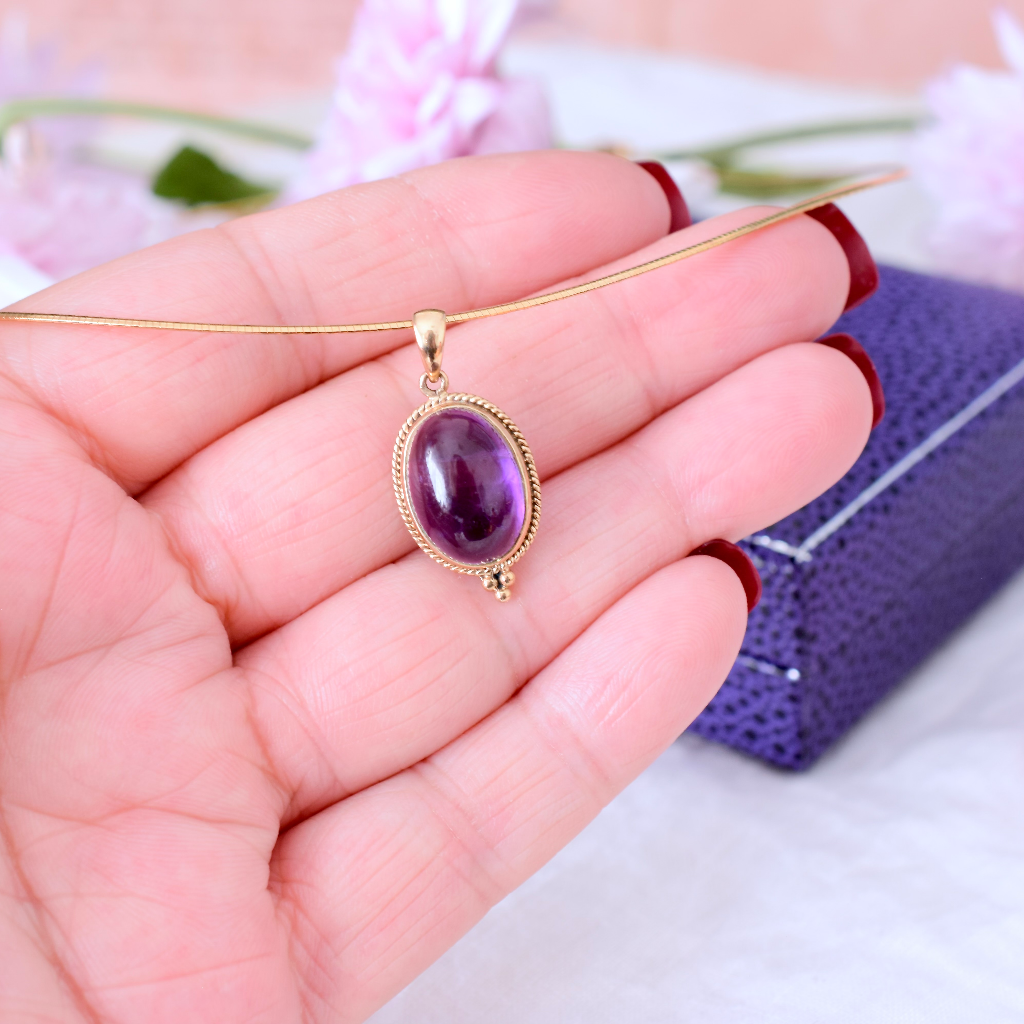 Modern 9ct Yellow Gold Omega Chain And Amethyst Pendant