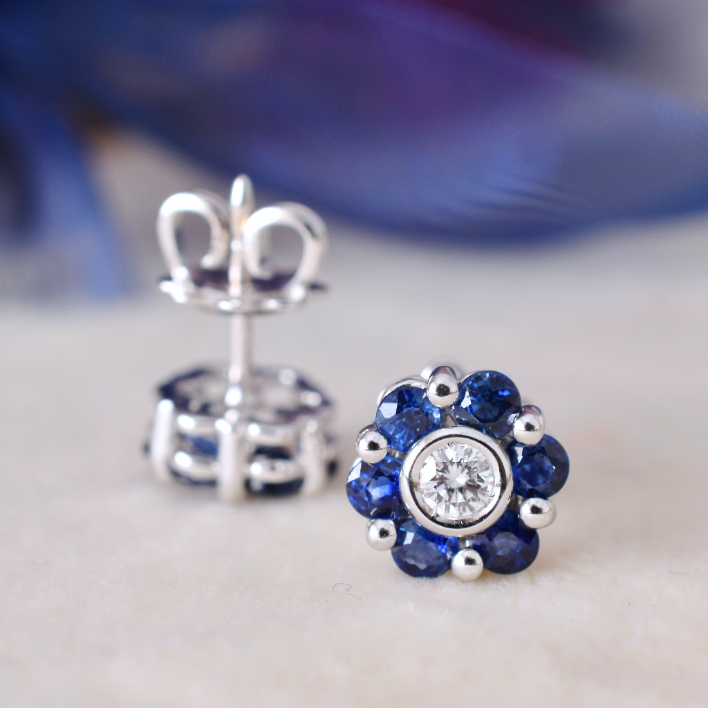 Modern 18ct White Gold Diamond And Sapphire Daisy Cluster Earrings