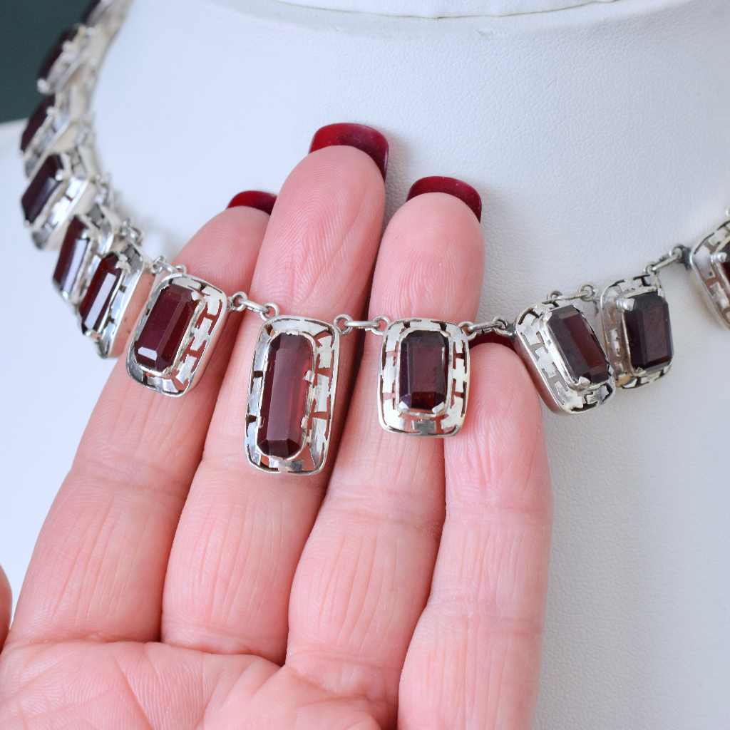 Vintage Sterling Silver And Garnet Necklace And Earrings Germany Circa 1960’s