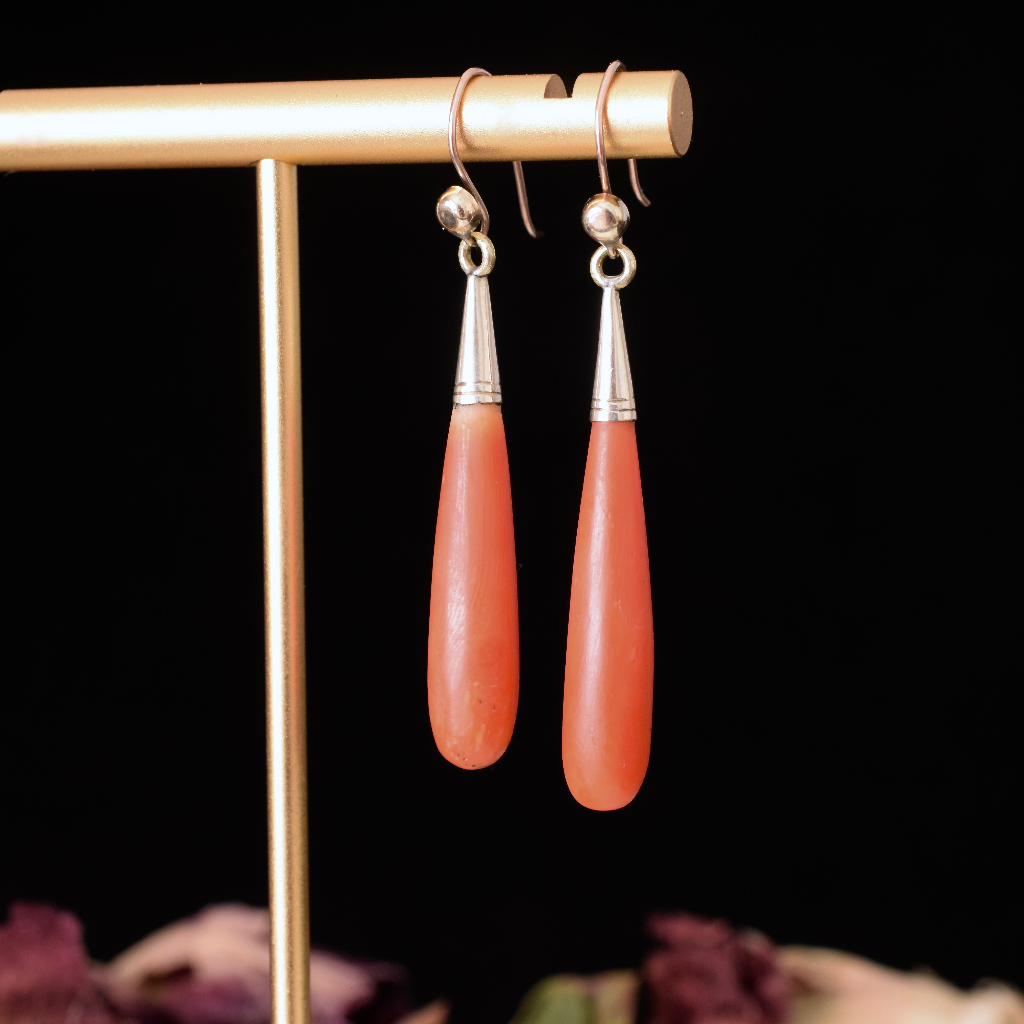 Antique 9ct Gold Salmon Coral Torpedo Drop Earrings