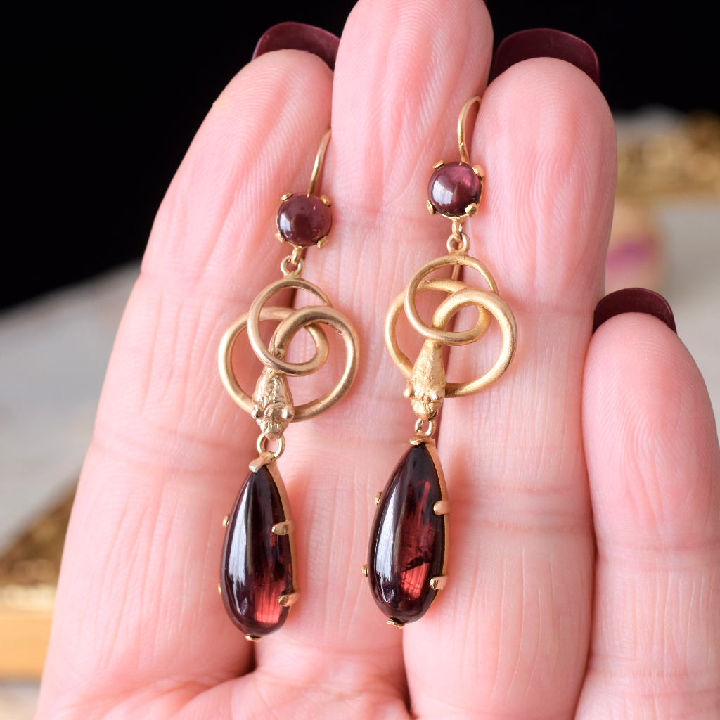 Antique Victorian 11ct Gold And Garnet Snake Earrings Circa 1880