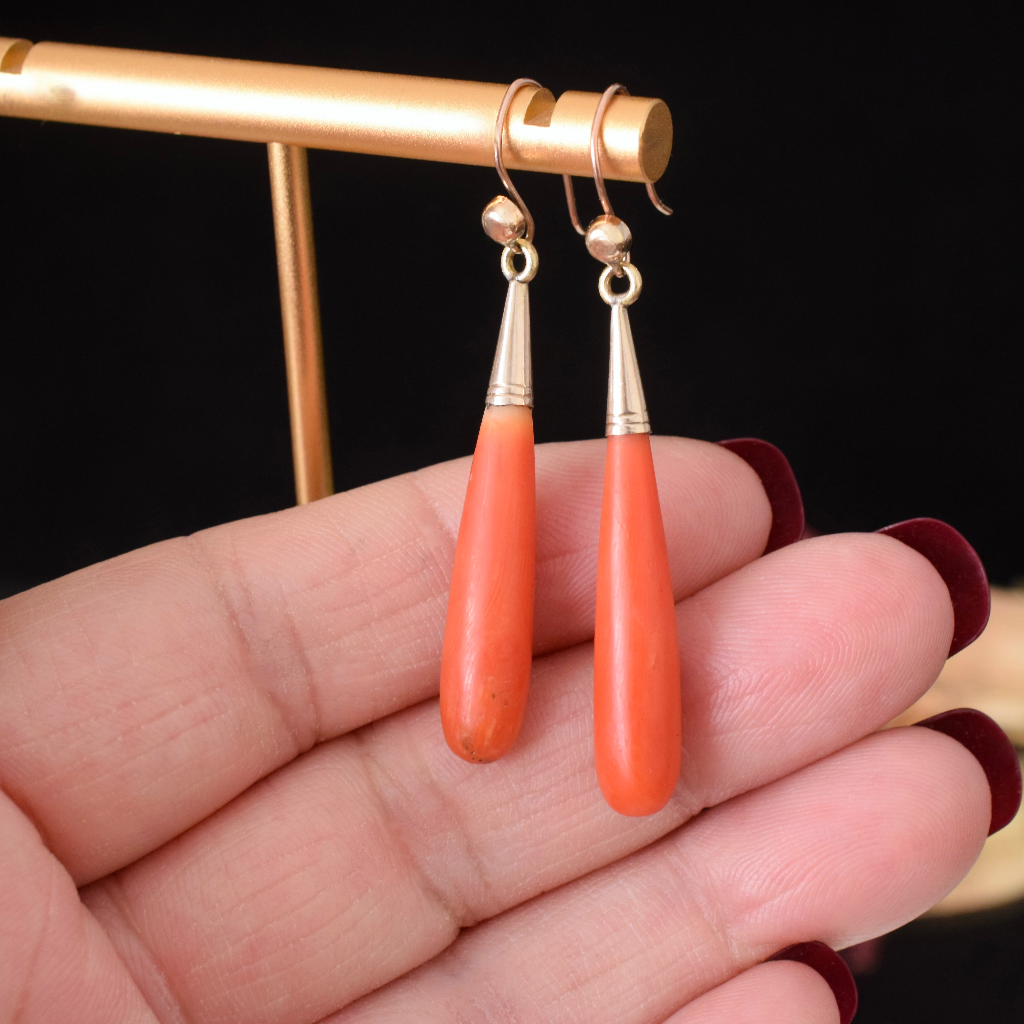 Antique 9ct Gold Salmon Coral Torpedo Drop Earrings