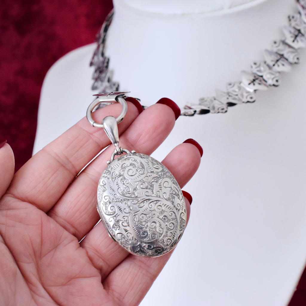 Antique Victorian Sterling Silver Bookchain Collar And Locket - 1876