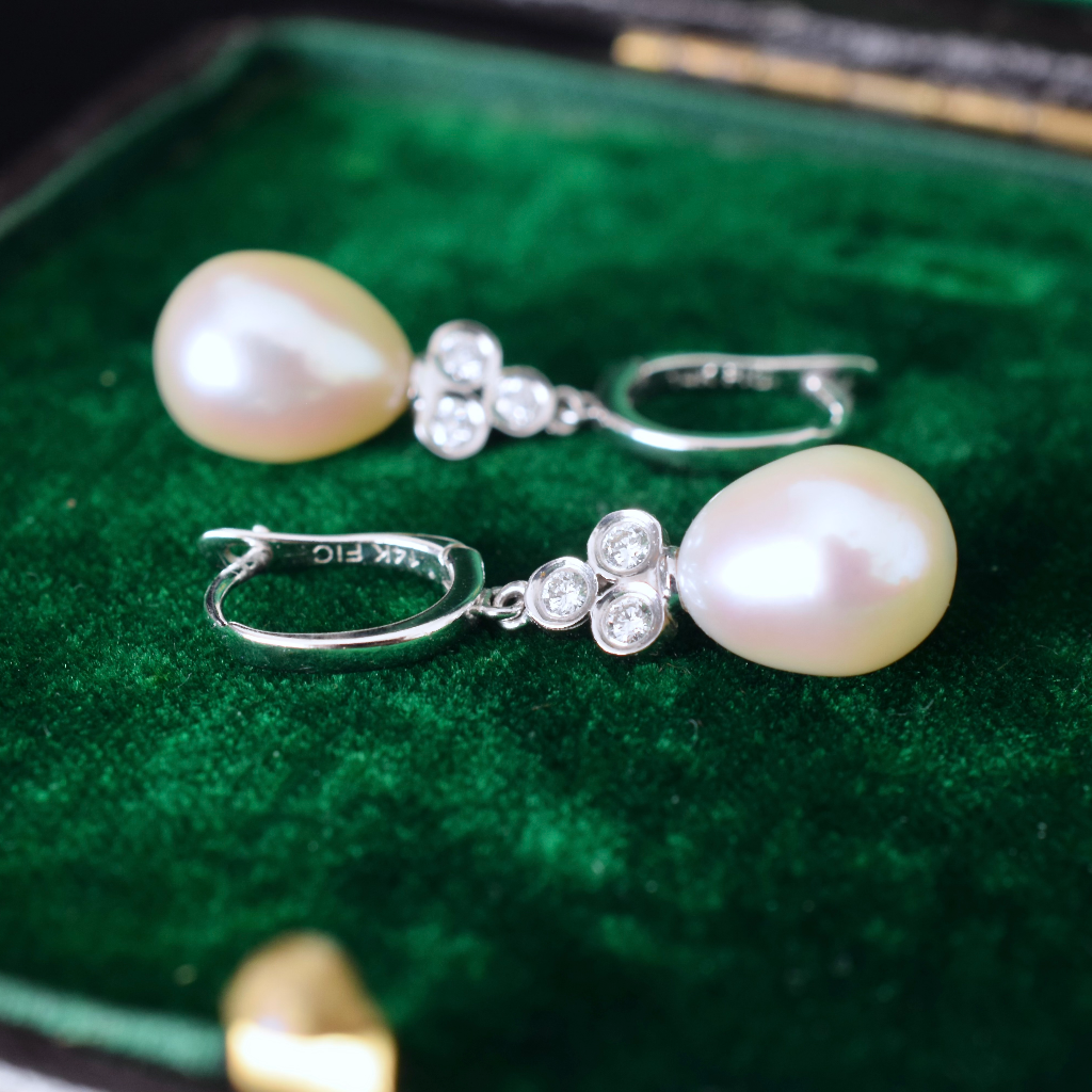 Modern 14ct White Gold Diamond And Pearl Earrings