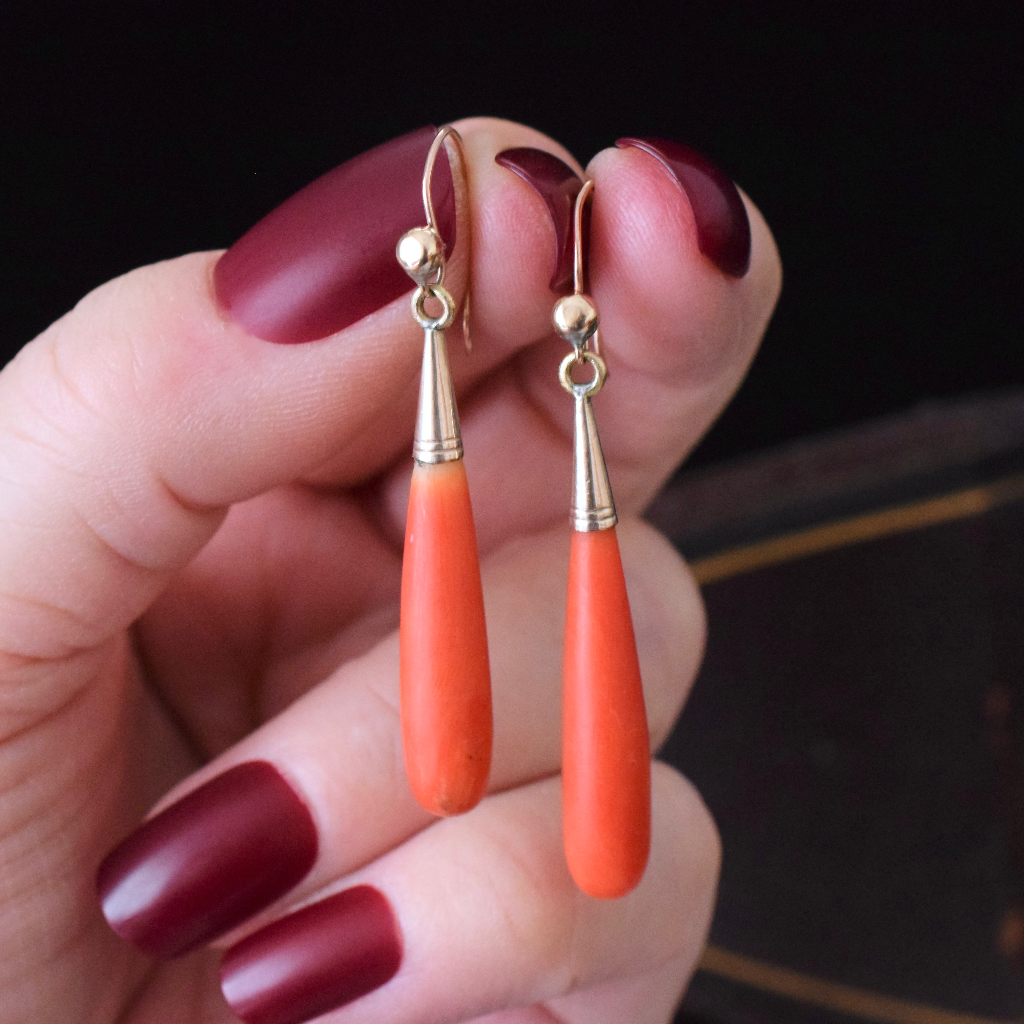 Antique 9ct Gold Salmon Coral Torpedo Drop Earrings