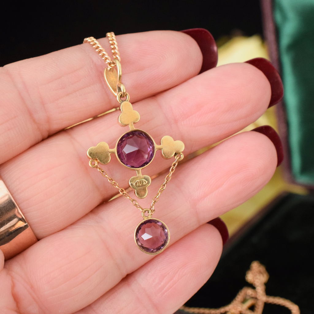 Antique Edwardian 15ct Rose Gold Amethyst And Seed Pearl Pendant Necklace Circa 1910