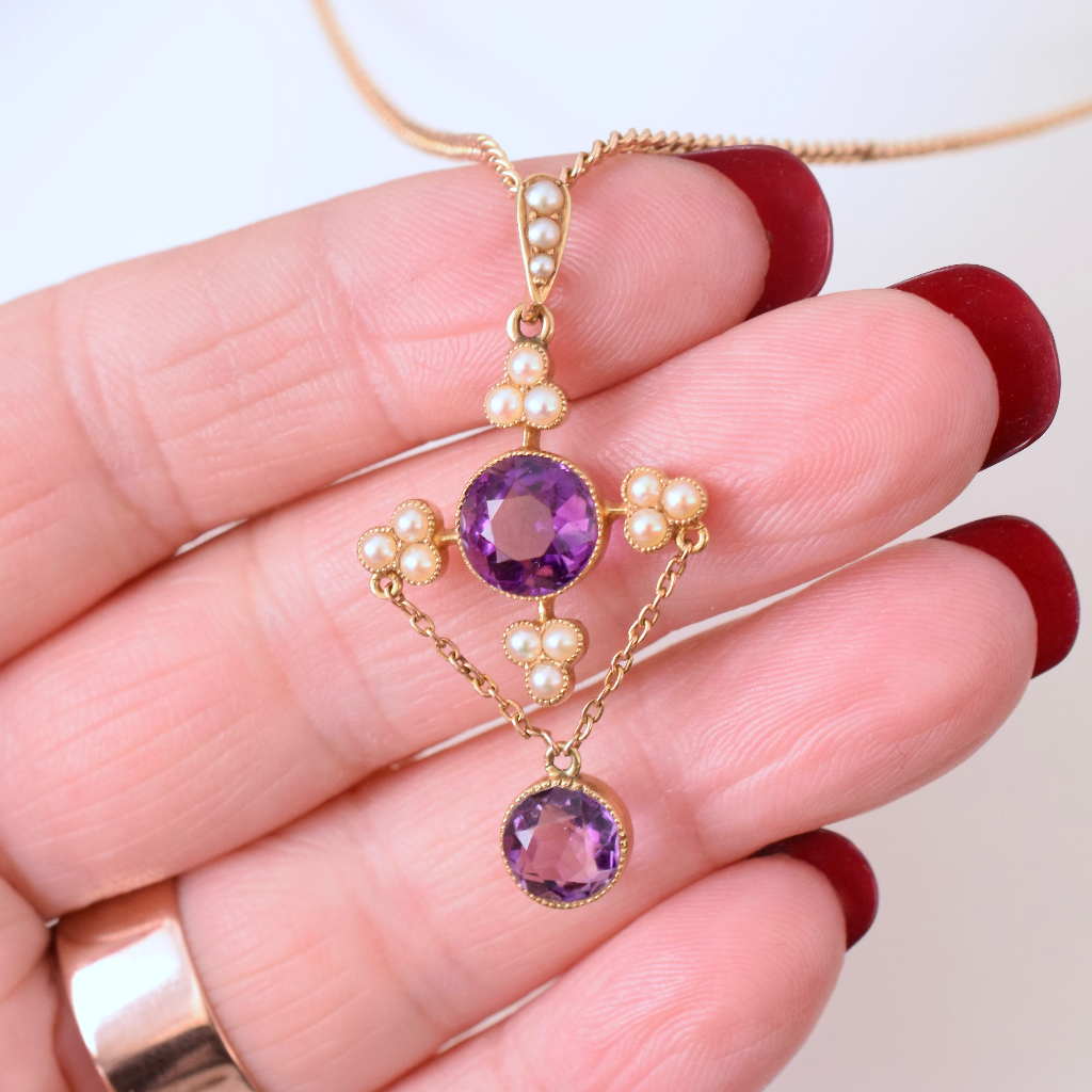 Antique Edwardian 15ct Rose Gold Amethyst And Seed Pearl Pendant Necklace Circa 1910