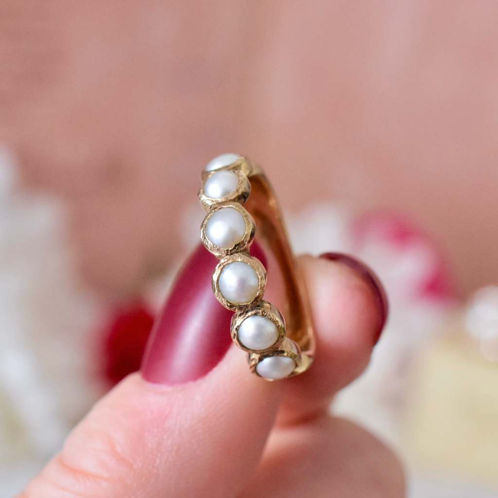 Vintage 9ct Yellow Gold Six Pearl Half Hoop Ring