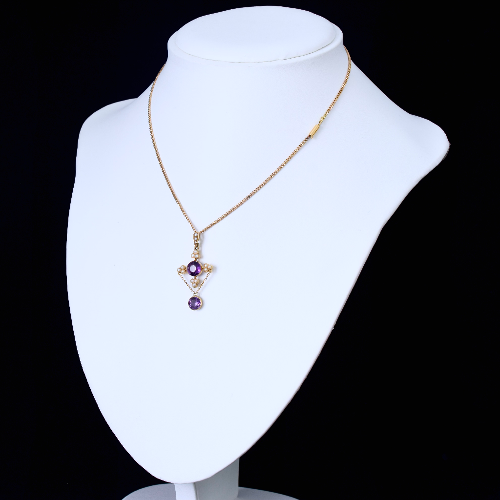 Antique Edwardian 15ct Rose Gold Amethyst And Seed Pearl Pendant Necklace Circa 1910