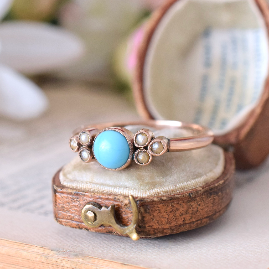 Antique Edwardian Era 9ct Rose Gold Turquoise And Seed Pearl Ring