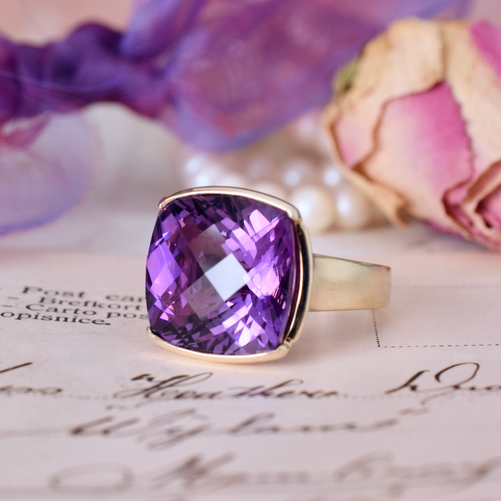 Modern 9ct Yellow Gold Checkerboard Amethyst Ring