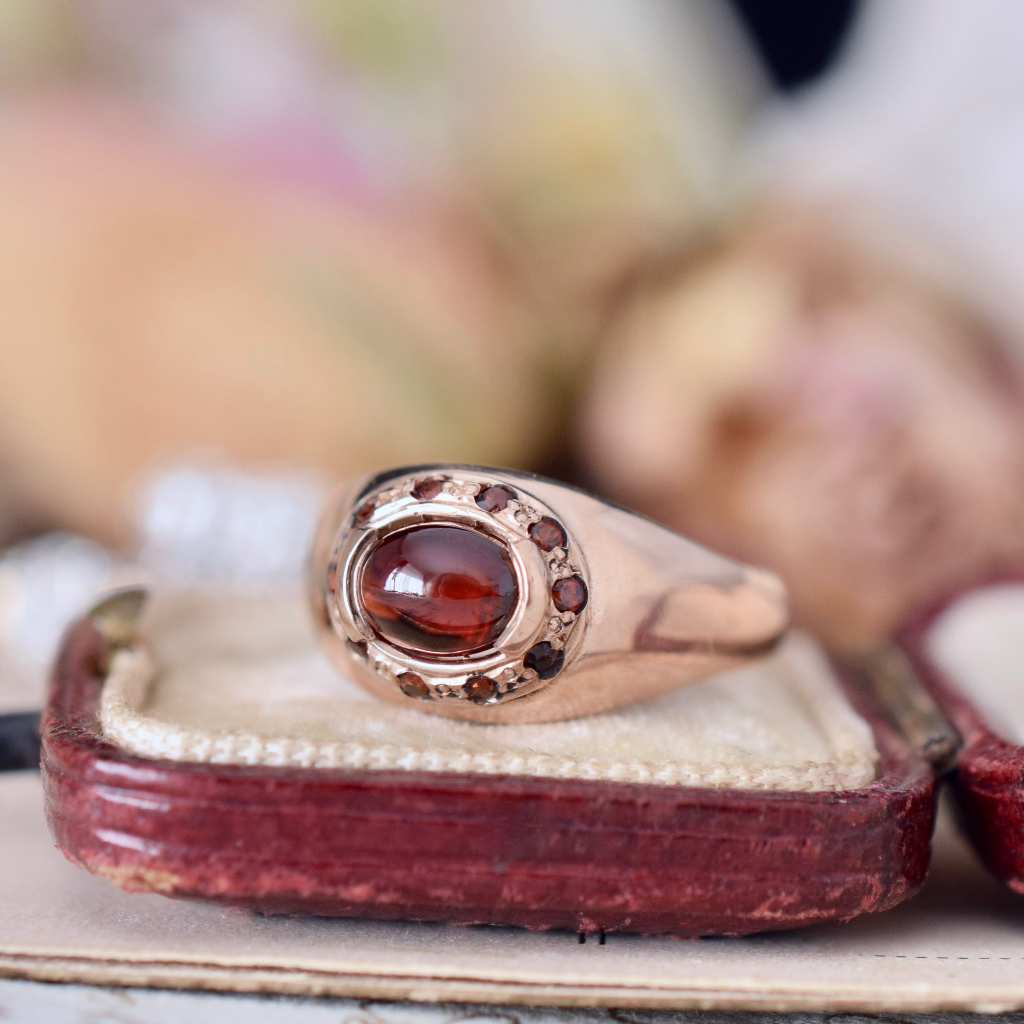 Modern 9ct Rose Gold Cabochon And Faceted Garnet Domed Ring