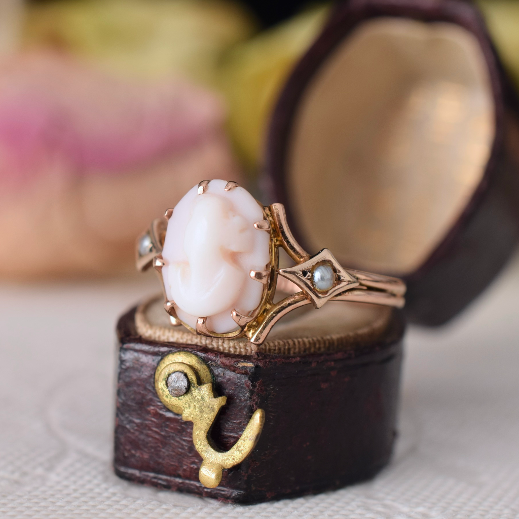 Antique Australian 9ct Rose Gold Conch Shell Seed Pearl Ring By Mackay Circa 1930