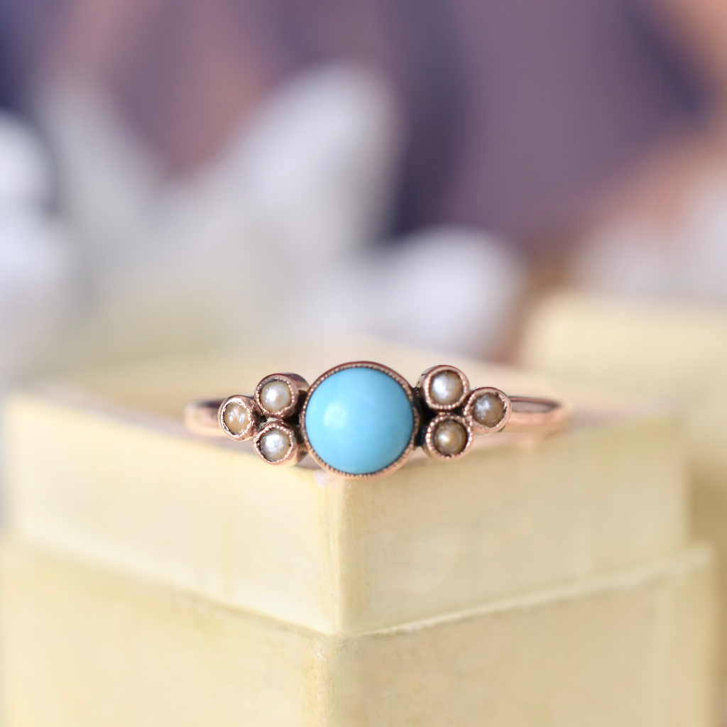 Antique Edwardian Era 9ct Rose Gold Turquoise And Seed Pearl Ring