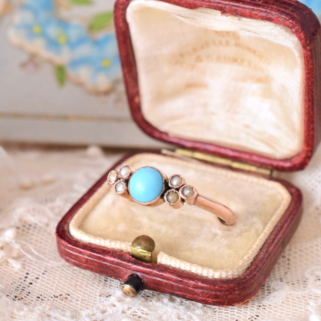 Antique Edwardian Era 9ct Rose Gold Turquoise And Seed Pearl Ring