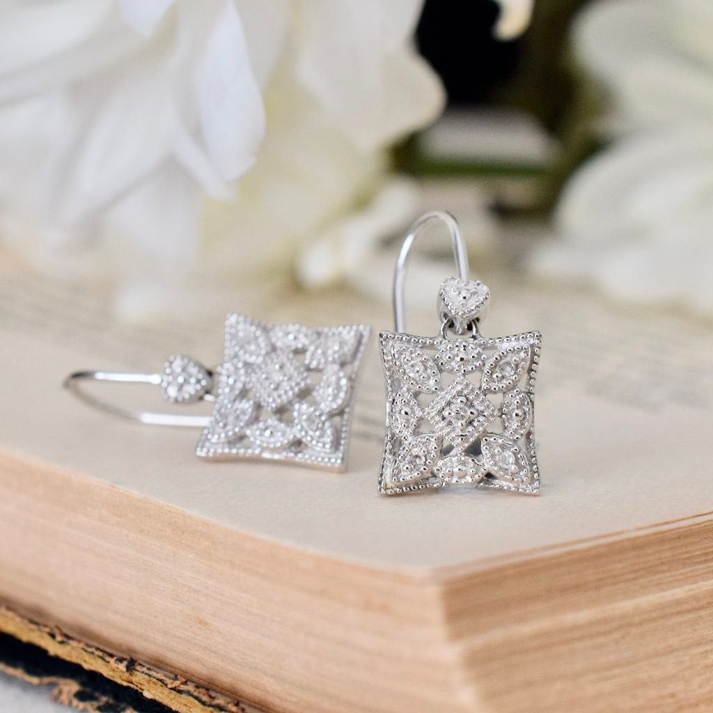 Modern 9ct White Gold Diamond Drop Earrings