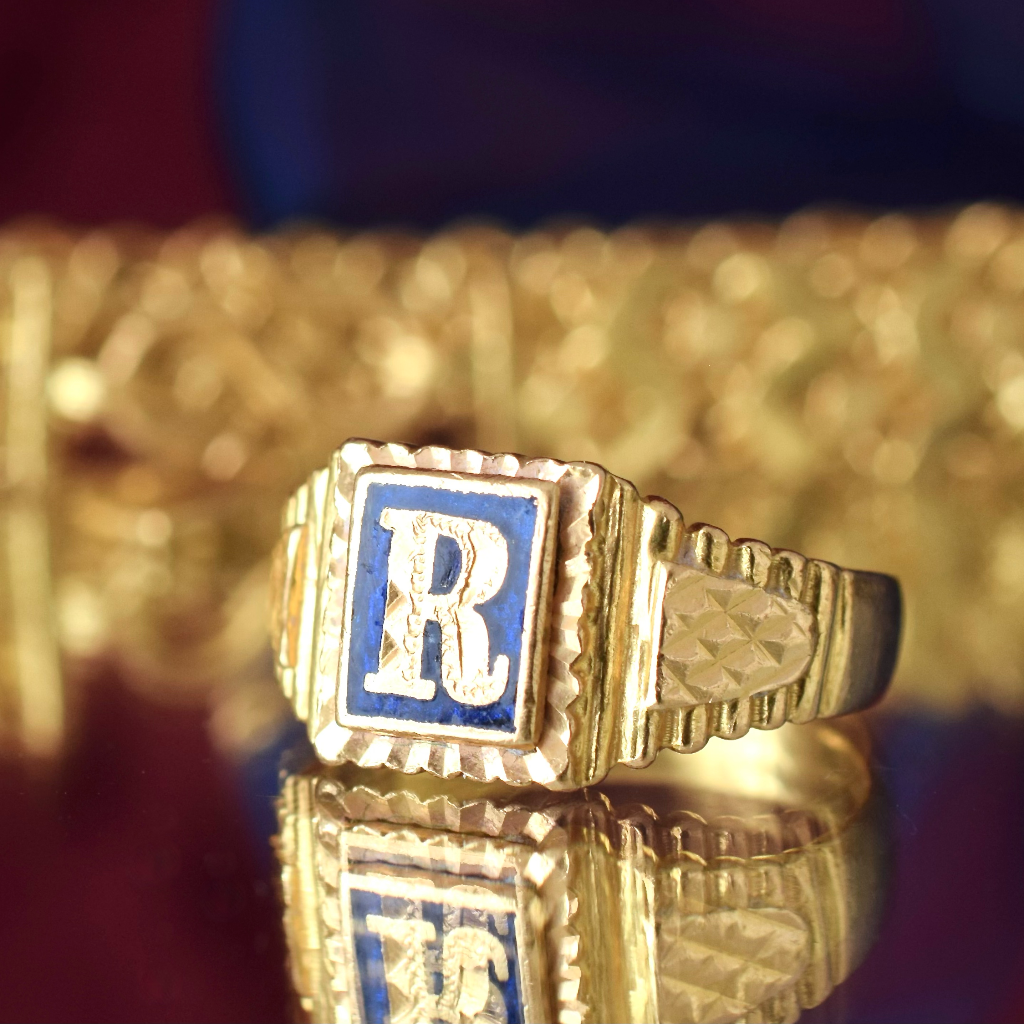 Modern 22ct Yellow Gold And Enamel Letter R’ Ring