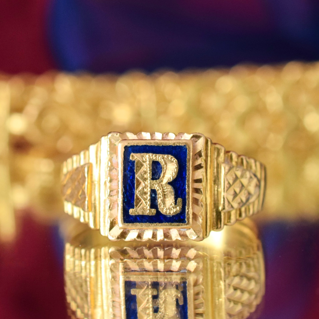 Modern 22ct Yellow Gold And Enamel Letter R’ Ring - Graisons Fine Jewellery