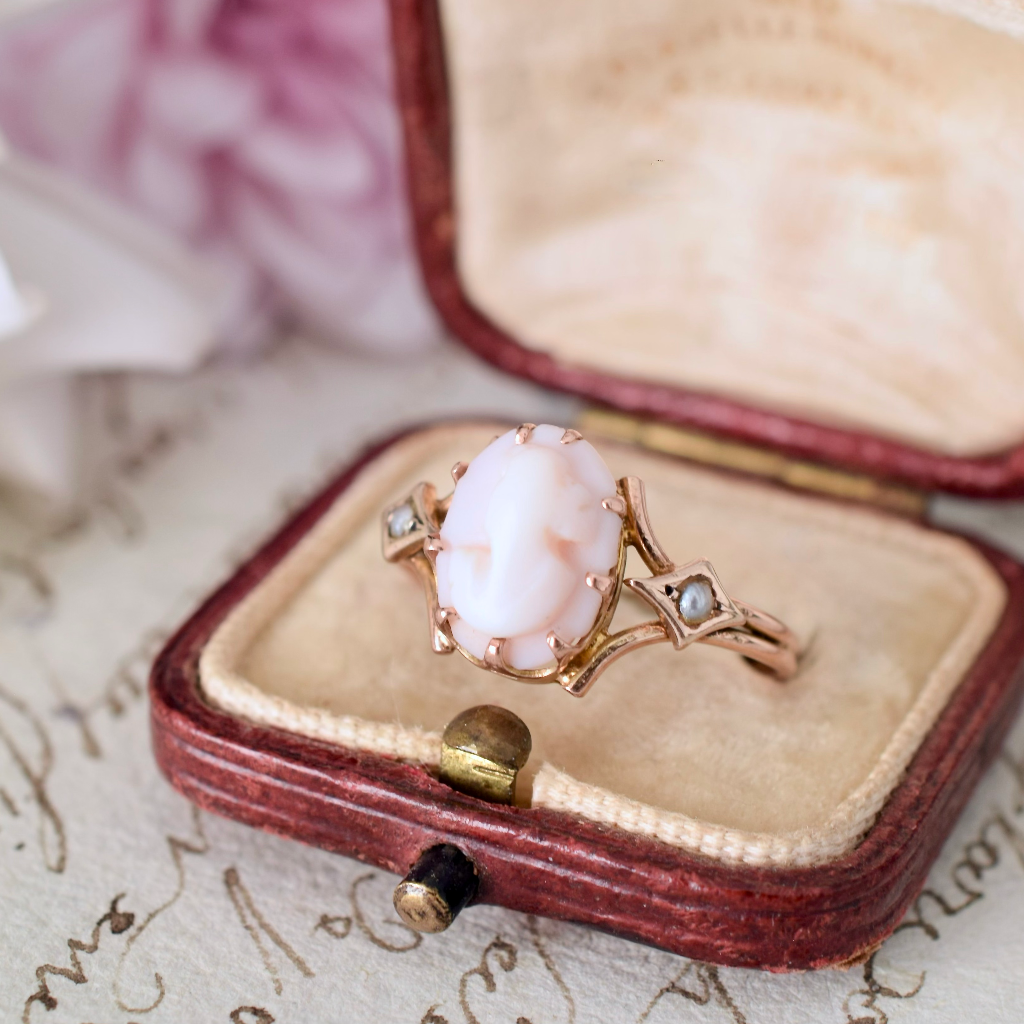 Antique Australian 9ct Rose Gold Conch Shell Seed Pearl Ring By Mackay Circa 1930