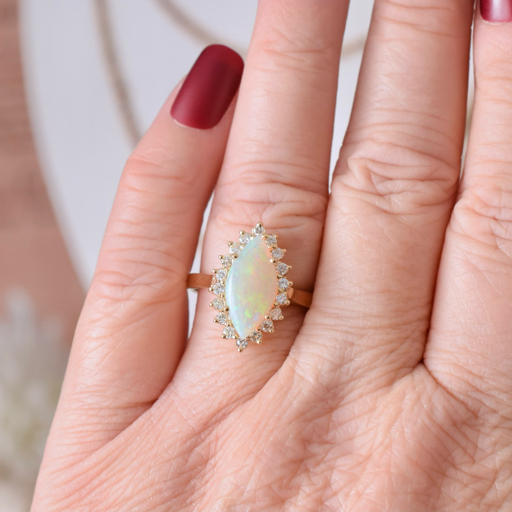 Modern 14ct Yellow Gold Solid White Crystal Opal And Diamond Ring