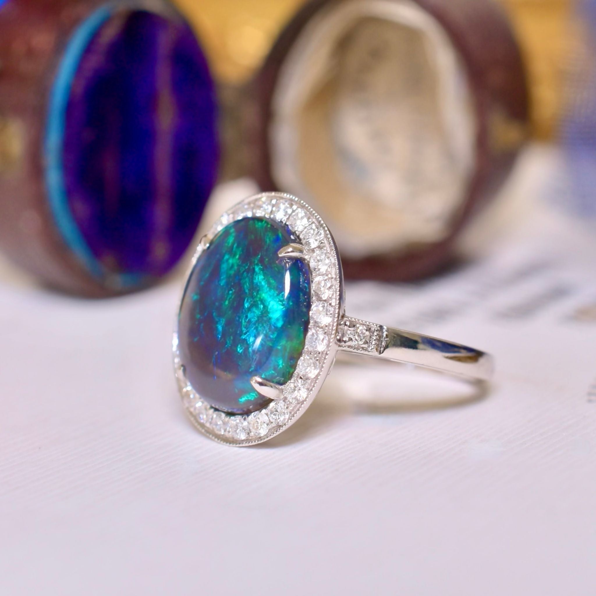 14ct White gold Solid Lightning Ridge Black Jelly Crystal Opal And Diamond Halo Ring