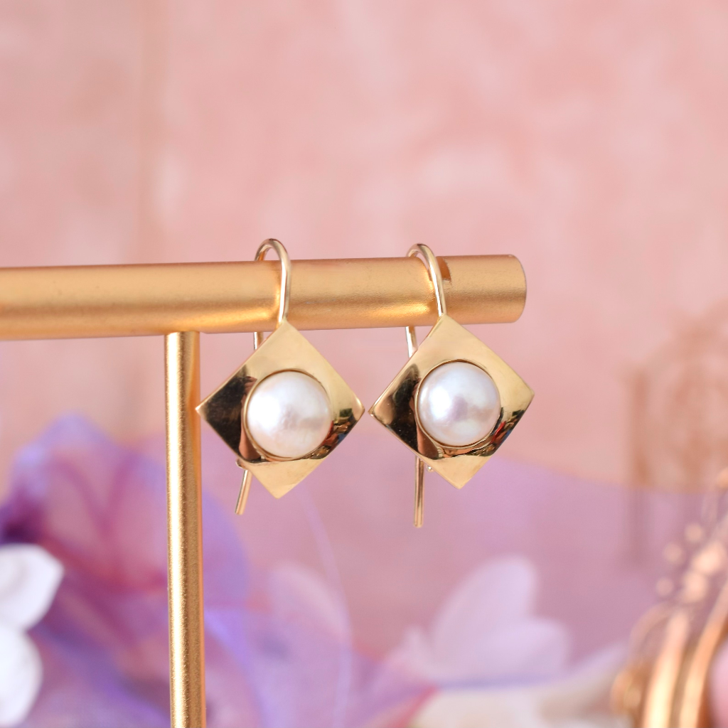 Modern 18ct Yellow Gold Pearl Earrings