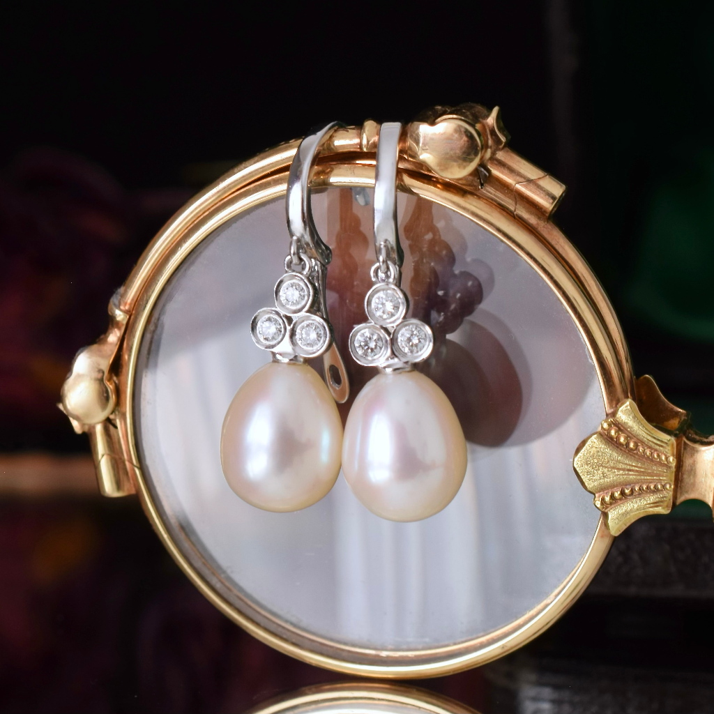 Modern 14ct White Gold Diamond And Pearl Earrings