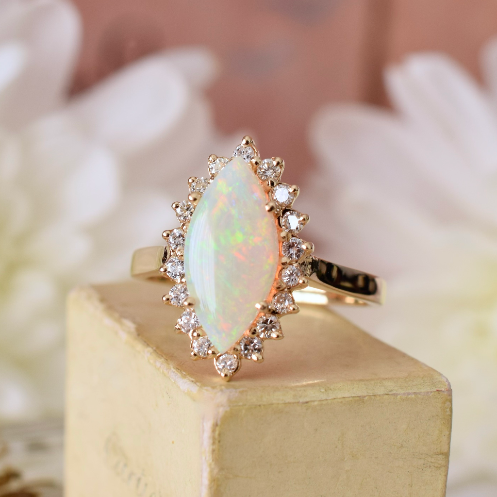 Modern 14ct Yellow Gold Solid White Crystal Opal And Diamond Ring