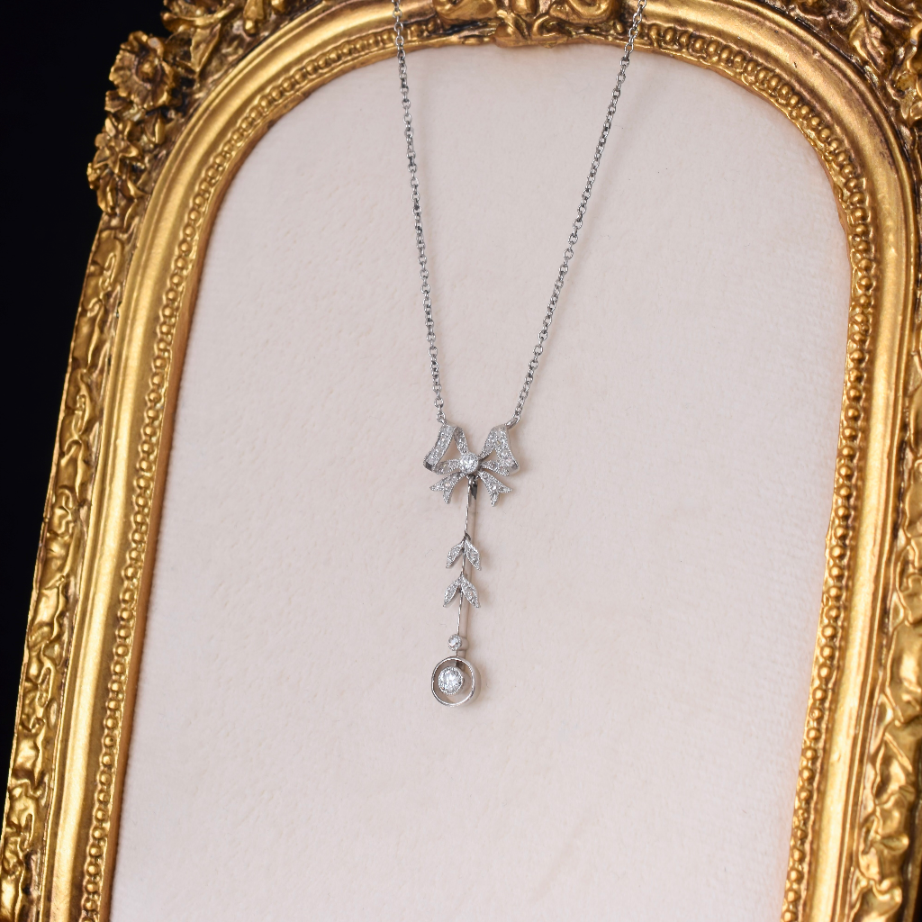 Antique Edwardian/Belle Epoque Era Platinum And Diamond ‘Bow’ Lavaliere Circa 1912
