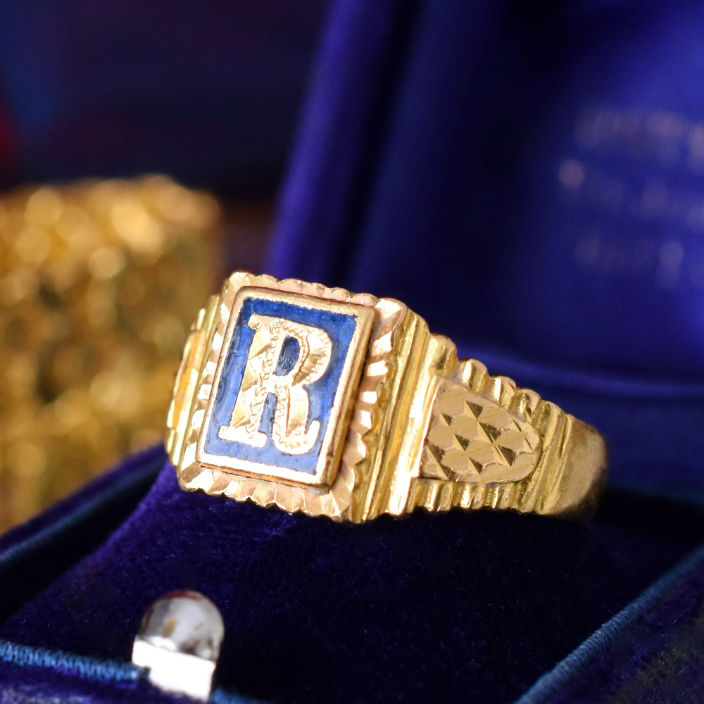 Modern 22ct Yellow Gold And Enamel Letter R’ Ring