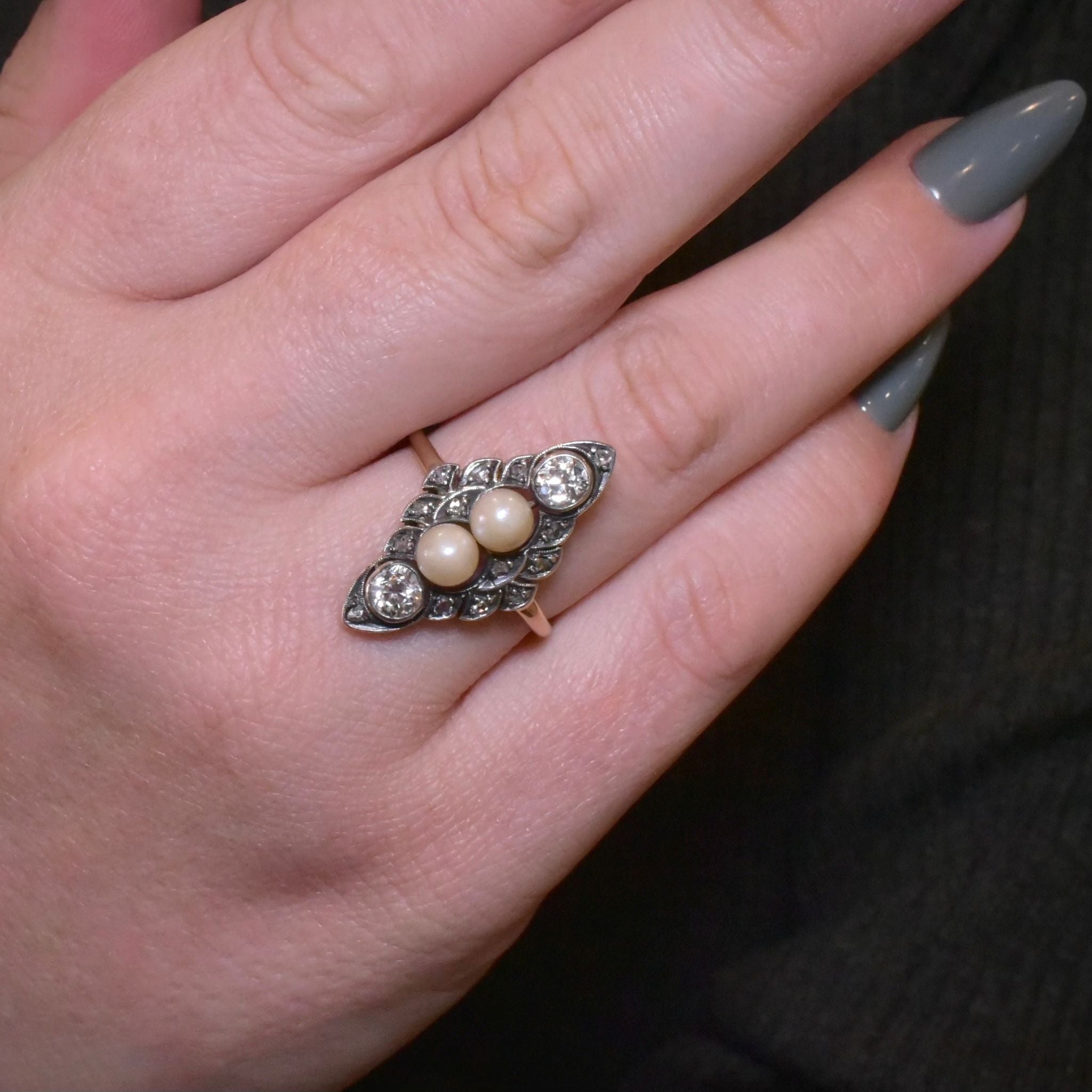 Stunning Antique 14ct Yellow Gold And Silver Diamond And Pearl Navette Ring Circa 1902