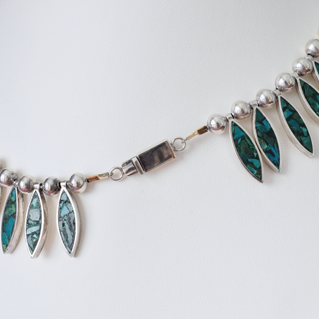 Vintage Sterling Silver Taxco Mexico Turquoise Collar - 84 Grams