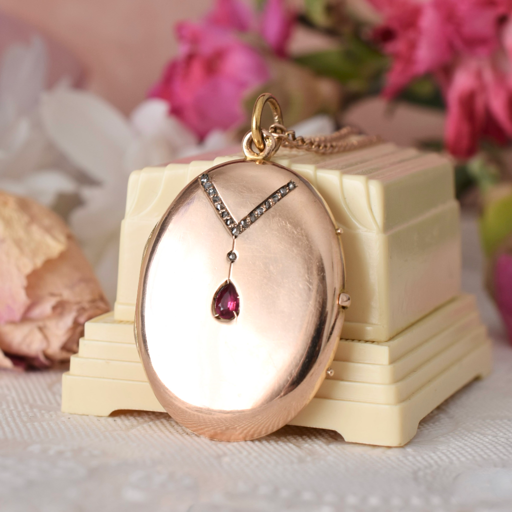 Antique 14ct Russian Rose Gold Ruby And Diamond Locket c1907-1918