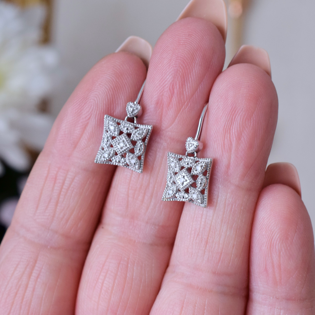 Modern 9ct White Gold Diamond Drop Earrings