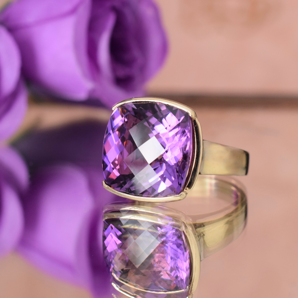 Modern 9ct Yellow Gold Checkerboard Amethyst Ring