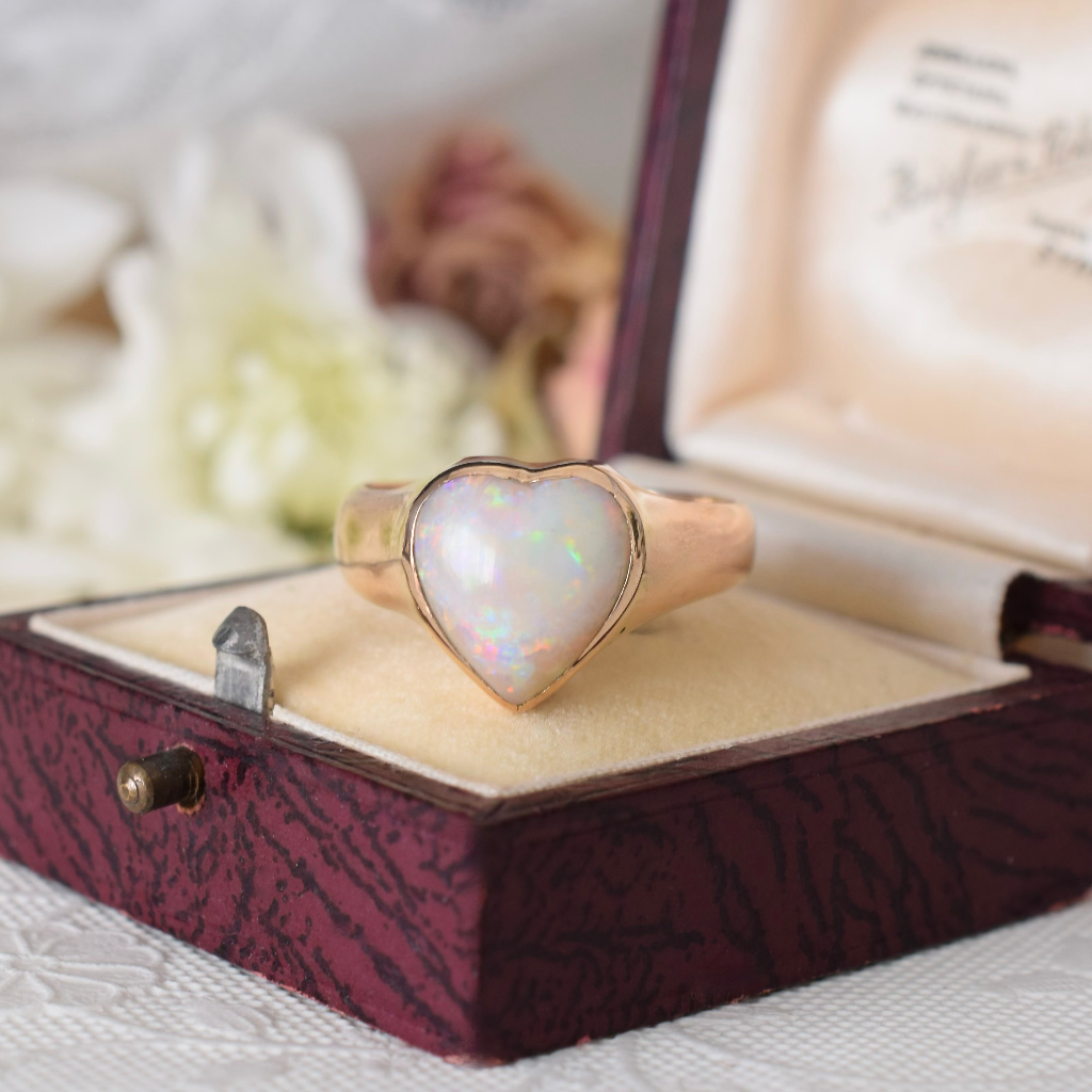 Antique Australian 18ct Rose Gold Heart Shaped Solid Dark Opal Ring Circa 1900-1920