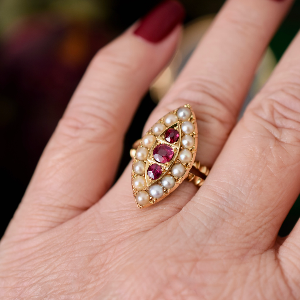 Antique Victorian 18ct Yellow Gold Ruby And Pearl Navette Ring - 1876