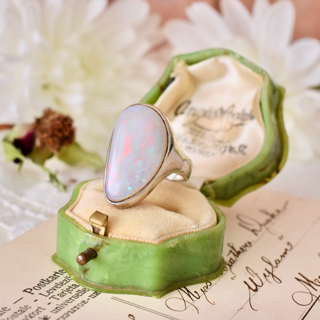 Modern Sterling Silver Free Form Solid Semi-Black Opal Ring Independent Valuation Included $3,500 AUD