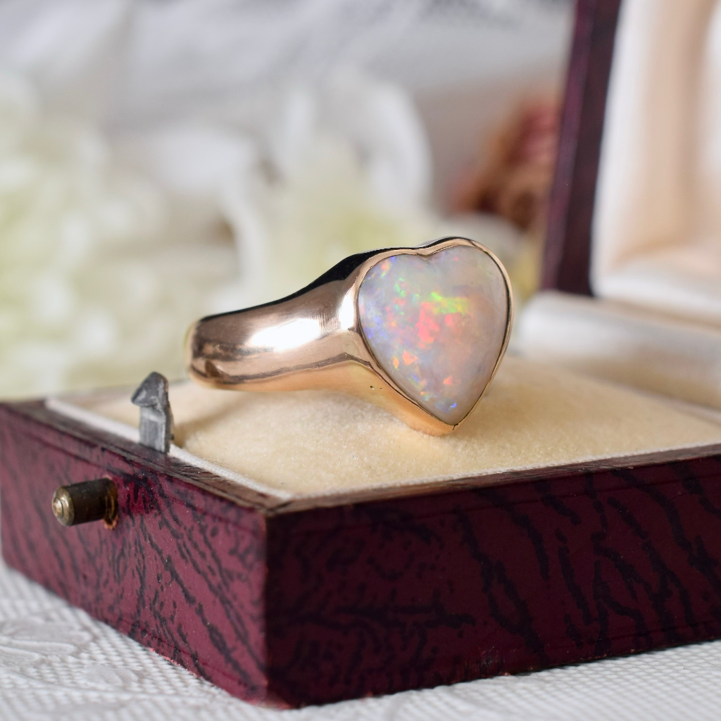 Antique Australian 18ct Rose Gold Heart Shaped Solid Dark Opal Ring Circa 1900-1920