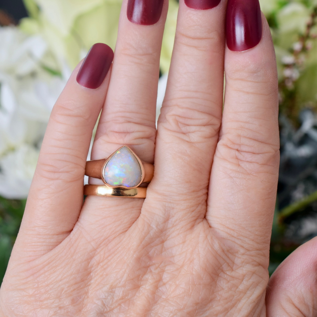 Antique Australian 18ct Rose Gold Heart Shaped Solid Dark Opal Ring Circa 1900-1920