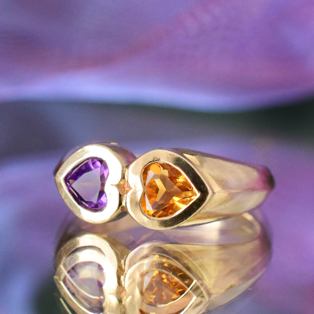 Modern 9ct Yellow Gold Amethyst And Citrine Hearts Ring