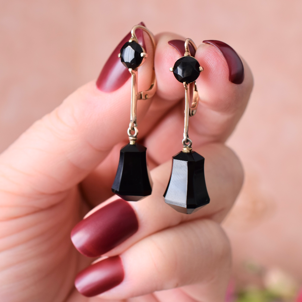 Art Deco/Retro Era 9ct Rose Gold And Onyx Dangle Earrings